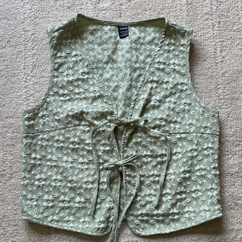 SHEIN Sage Green Embroidered Tie-Front Crop Top